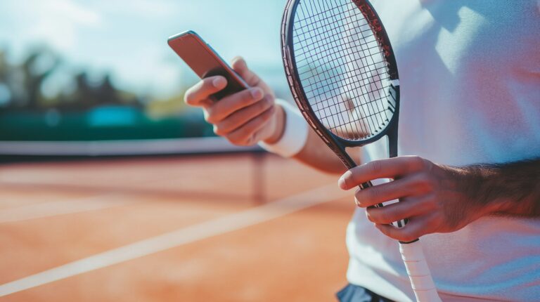 Man holding tennis racket and smartphone on outdoor court Sports technology fitness tracking athletic performance modern tennis gear healthy lifestyle concept