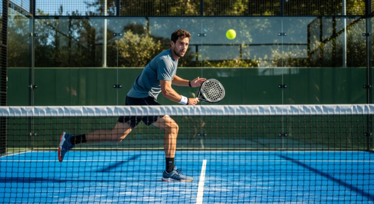 Man playing padel on a blue court hitting the ball with a racket during a match